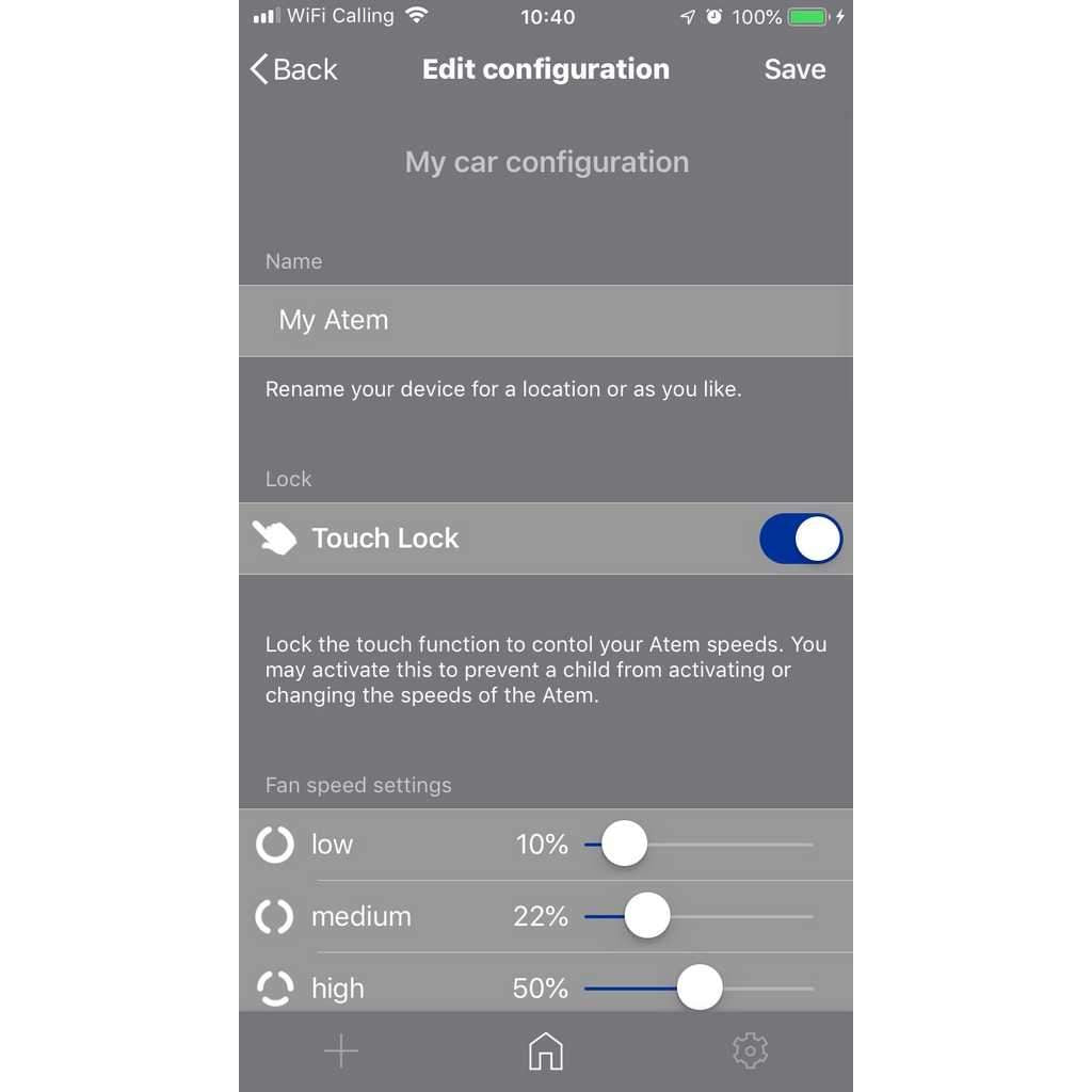 IQAir Atem car app screen configuration